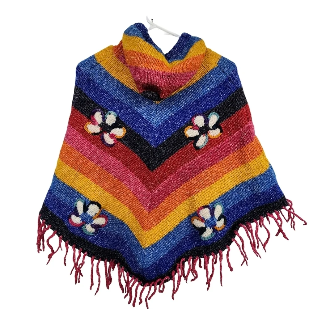 West Of The Moon Kids 100% Wool Colorful Full Zip Hooded Poncho Shawl - Picture 2 of 8